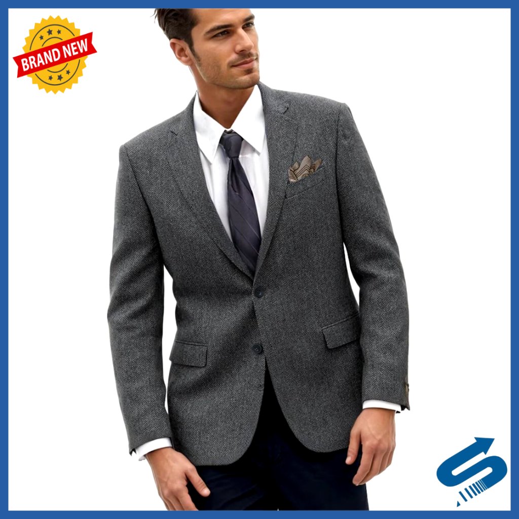 Slim Fit Wool Blend Blazer Herringbone Tweed Sport Coat Formal Casual